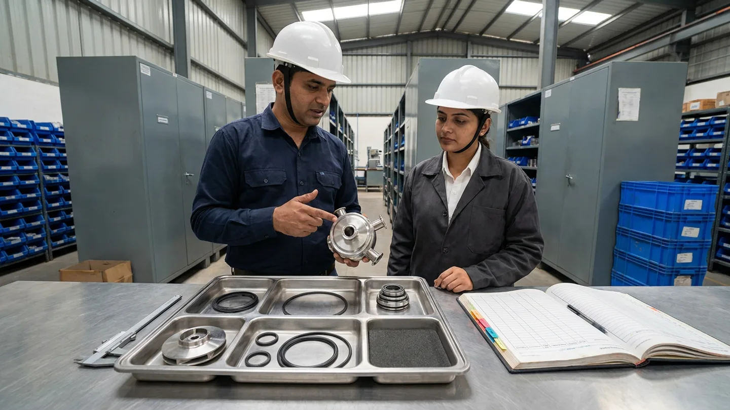 Indian reliability maintenance engineer in a dark navy shirt and white hardhat holding a polished stainless-steel sanitary tri-clamp pump housing and a spares stores coordinator in a charcoal work jacket over a white shirt and white hardhat at a brushed stainless-steel kitting counter in an MRO spare-parts crib lined with grey steel storage cabinets and blue parts bins, inspecting a six-compartment stainless repair tray containing a machined stainless impeller, black food-grade elastomer O-ring gaskets, a mechanical shaft seal, and one empty foam-lined compartment beside a stainless vernier caliper and an open hardbound work-order kitting register