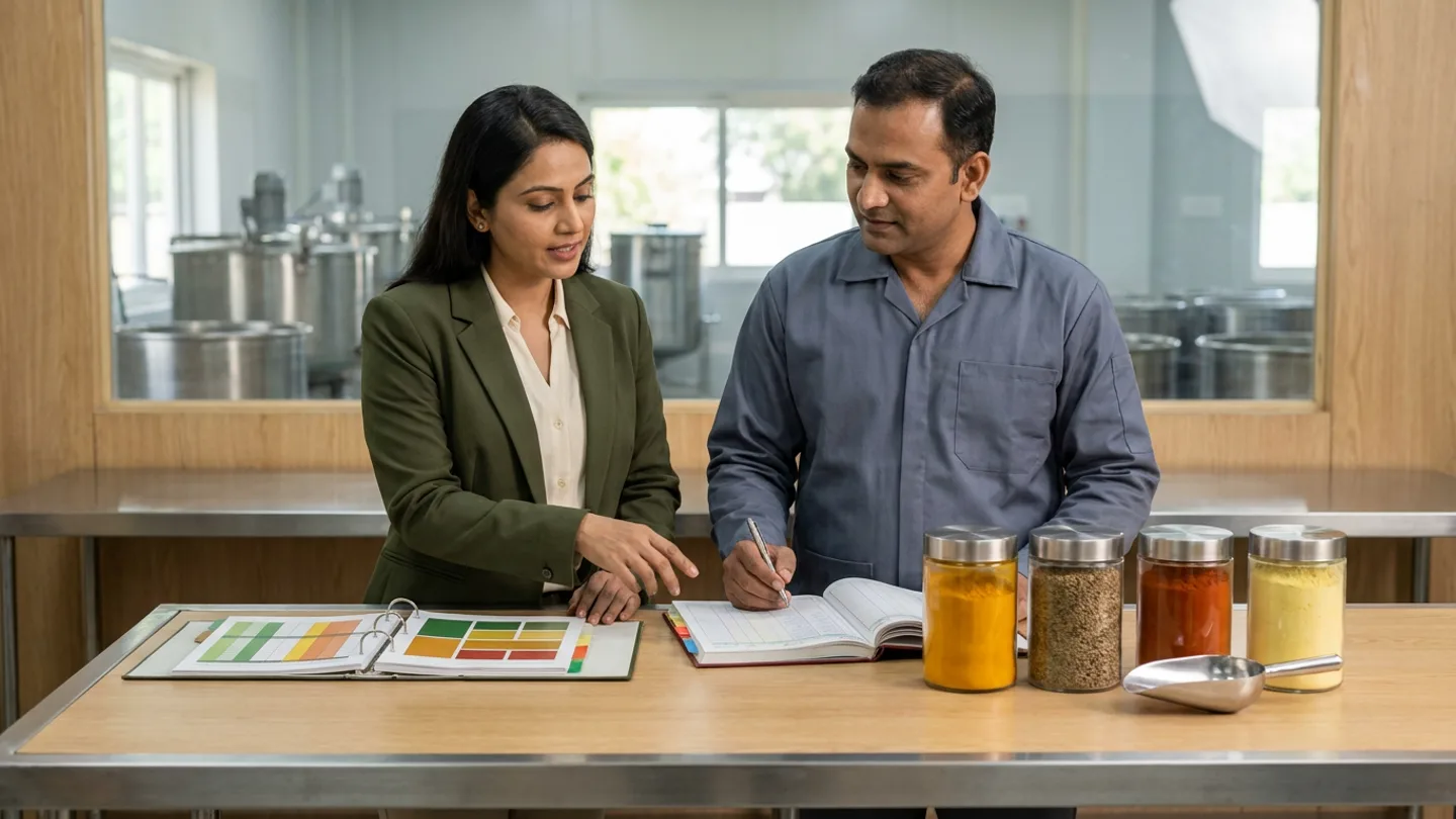 Indian female food-manufacturing ERP lead in a deep-olive blazer and male batch-production supervisor in a slate-grey work shirt at a stainless-and-oak review table before an interior window overlooking mixing vessels, comparing four unlabelled glass spice and flour retention jars and a stainless sampling scoop against an open hardbound batch-genealogy register and an ERP evaluation matrix binder.