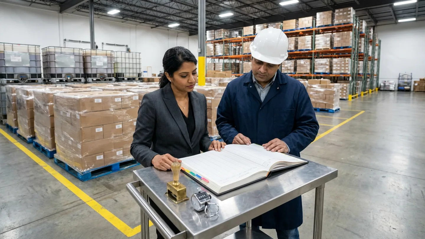 Plant finance controller in a charcoal blazer and warehouse manager in a navy coat and white hardhat at a rolling stainless audit cart with an open cut-off register, brass stamp, and hand tally counter along a yellow floor line beside shrink-wrapped pallets and IBC totes