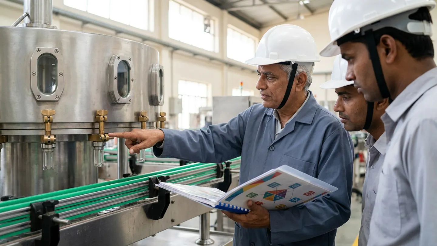 An Indian senior line trainer in a slate-blue work coat and white hardhat pointing to a brass quick-release valve clamp on a brushed stainless-steel rotary filling machine with green conveyor guide rails while holding an open laminated pictorial procedure binder showing colour-coded geometric diagrams for two attentive line operators in light-grey work shirts and white hardhats.