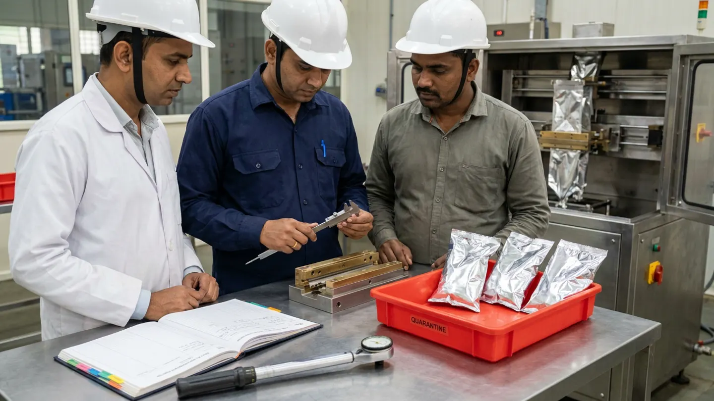 An Indian quality assurance lead in a white lab coat and white hardhat, a reliability engineer in a dark navy work shirt and white hardhat holding stainless vernier calipers, and a line technician in an olive-grey shirt and white hardhat inspecting a disassembled brass-and-steel thermal sealing jaw and a red quarantine tray containing three crinkled silver foil pouches at a stainless-steel workbench alongside an open CAPA register and dial torque wrench in front of an opened vertical pouch-packaging machine.
