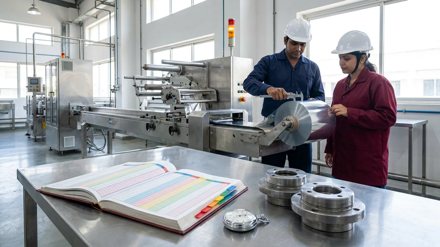 Indian packaging line engineer in a navy work shirt and white hardhat measuring a roll of silver metallised film with a stainless vernier caliper and a continuous improvement lead in a burgundy work jacket and white hardhat standing beside a paused stainless-steel horizontal flow-wrap packaging machine with an illuminated amber stack light column, behind a brushed stainless-steel line desk holding an open hardbound downtime root-cause logbook with colour-coded columns and index tabs, a chrome mechanical stopwatch, and two machined steel rotary hubs