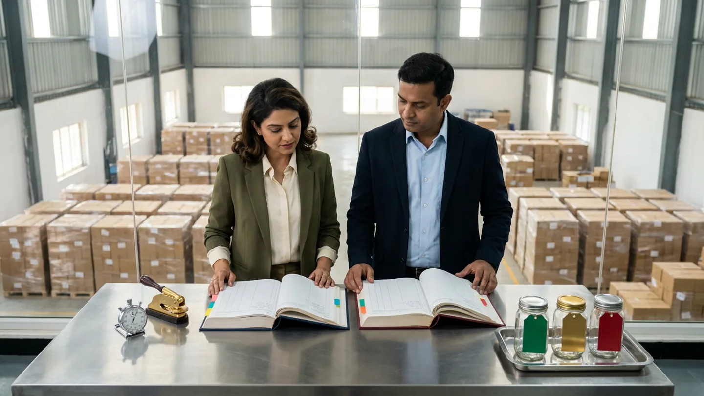 In a glass-walled order-fulfilment governance room overlooking a finished-goods pallet staging hall where stretch-wrapped pallets of brown shipping cartons await loading, an Indian commercial customer-service lead in an olive-green blazer over a cream shirt and a warehouse dispatch manager in a dark-navy blazer over a light-blue shirt stand at a brushed stainless-steel table comparing two open cloth-bound registers side by side—a navy commercial order-promise ledger and a burgundy warehouse dispatch ledger, both fitted with coloured index tabs—flanked by a chrome mechanical stopwatch and a brass embossing seal press on the left and a stainless tray holding three clear glass jars carrying blank emerald-green, amber-gold, and crimson-red metal tags on the right.
