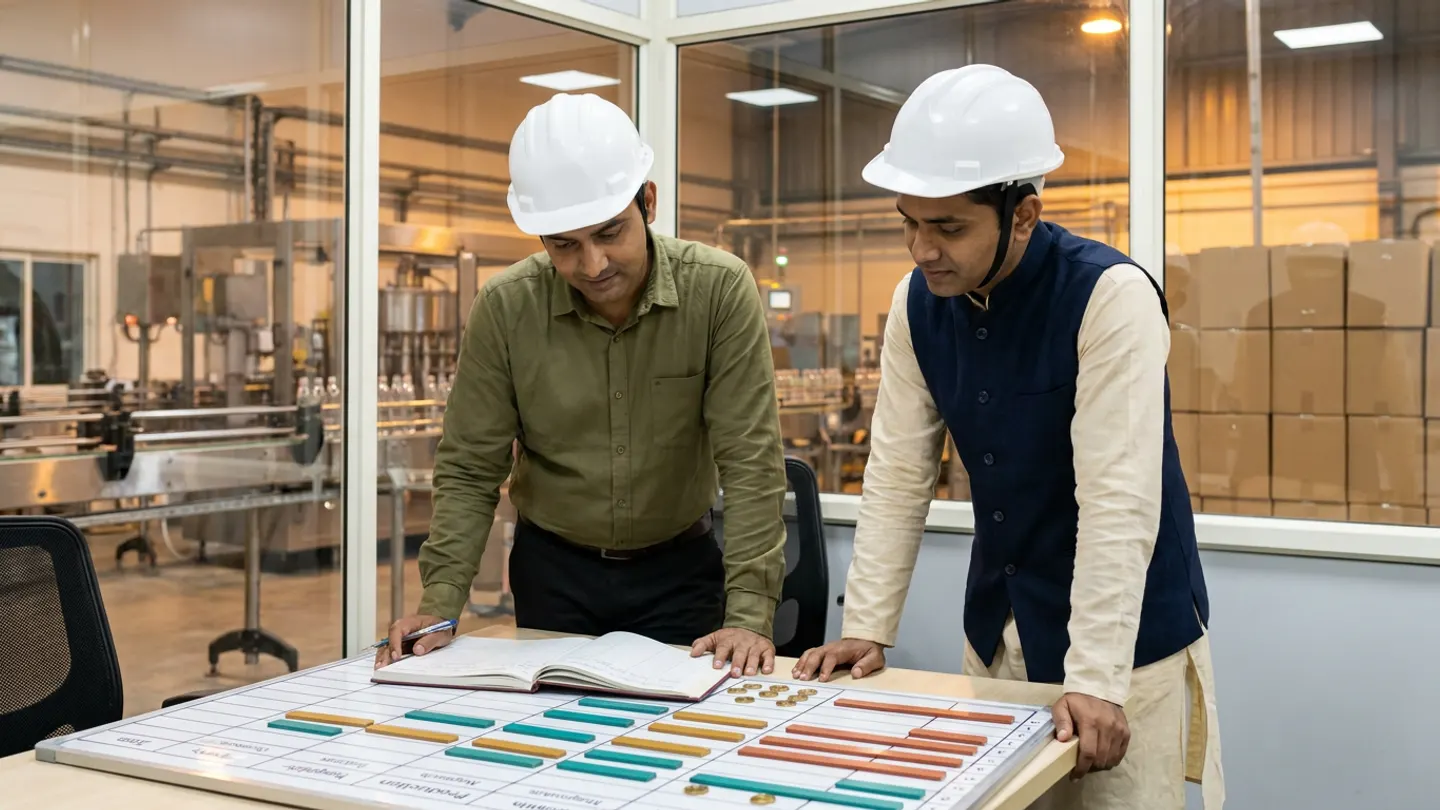 An Indian production manager in an olive-green button-down shirt and white hardhat and an HR operations coordinator in a cream kurta, dark navy waistcoat, and white hardhat standing in a glass-walled plant office overlooking a bottling line and stacked brown cartons, reviewing an open hardbound shift register alongside a tabletop magnetic schedule board arranged with teal, amber, and terracotta shift-hour bars and brass tokens.
