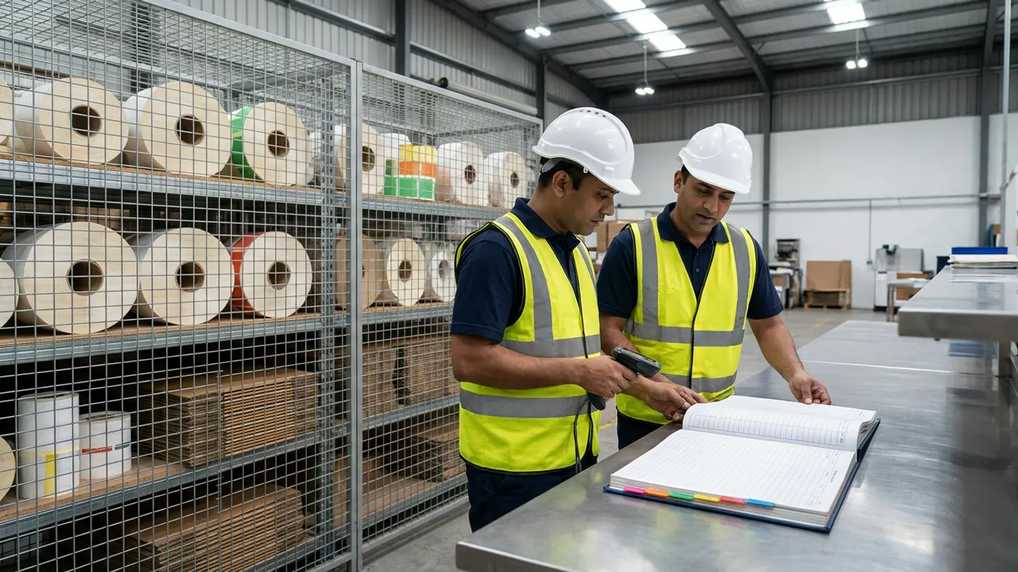 Two packaging store coordinators in high-visibility vests and white hardhats at a stainless-steel kitting counter in an Indian food plant reviewing an open packaging-readiness register beside a wire mesh cage holding rolls of label stock and flat carton blanks