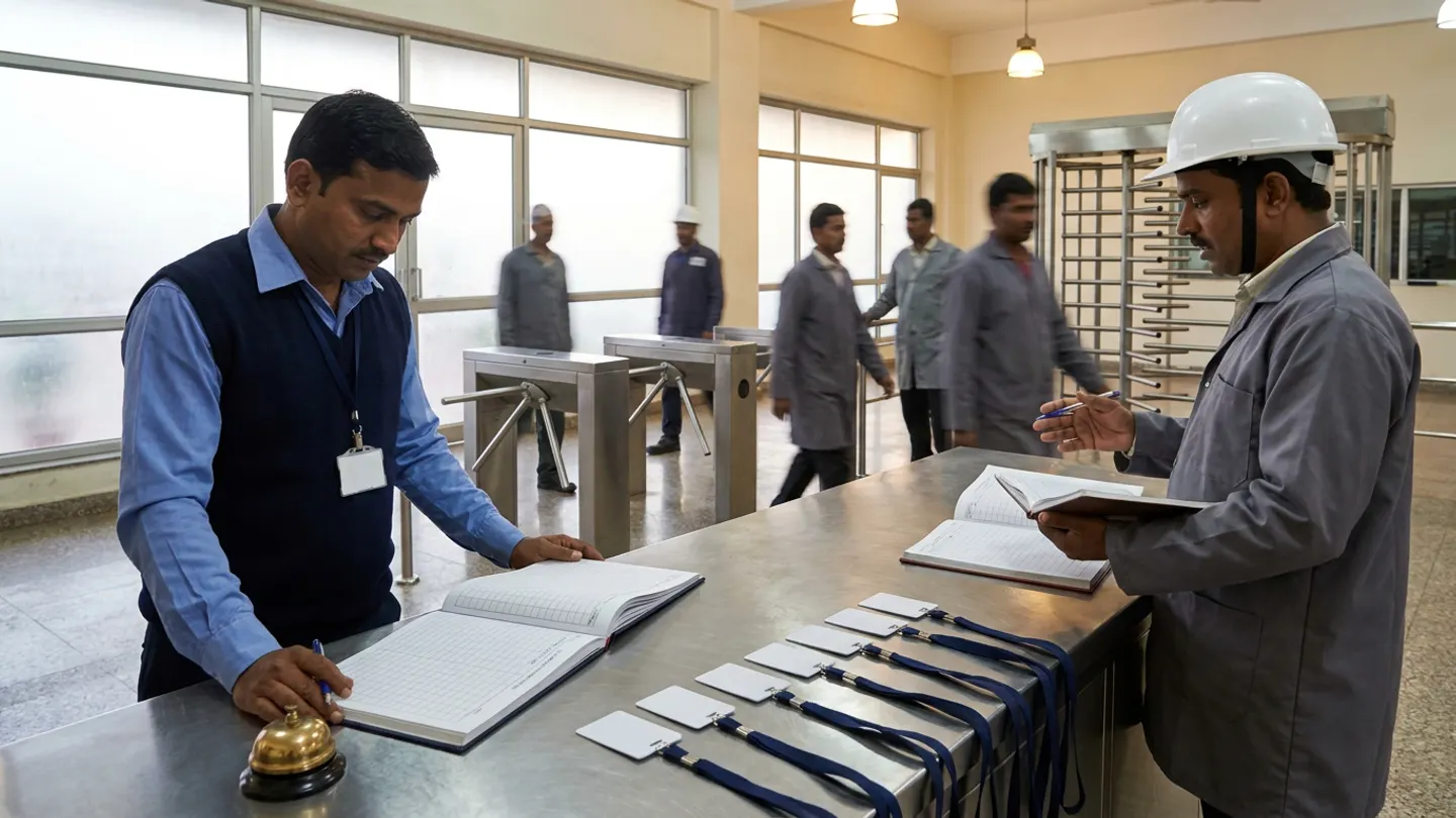An Indian timekeeping coordinator in a light-blue shirt and dark navy sweater vest and a shift supervisor in a grey work coat and white hardhat reconciling two open hardbound attendance registers at a stainless-steel reception desk with a brass call bell and neat rows of blank white ID cards on navy lanyards, with stainless-steel tripod turnstiles and a full-height rotor turnstile in the background as plant workers pass through at shift change.