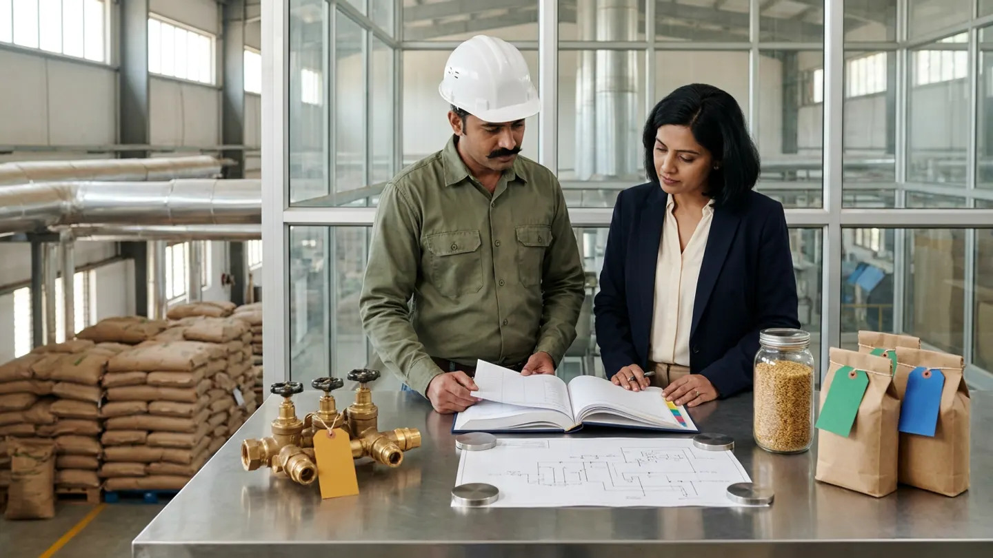 Indian plant energy engineer in an olive-green shirt and white safety helmet and production operations manager in a dark-navy blazer reviewing an open navy cloth-bound energy reconciliation register with coloured index tabs beside an unlabelled utility piping schematic under steel disc paperweights, a brass steam valve manifold with an amber tag, a glass jar of golden grain, and brown kraft sample sacks with green and blue tags overlooking a milling hall with palletised sacks and insulated steam pipes.