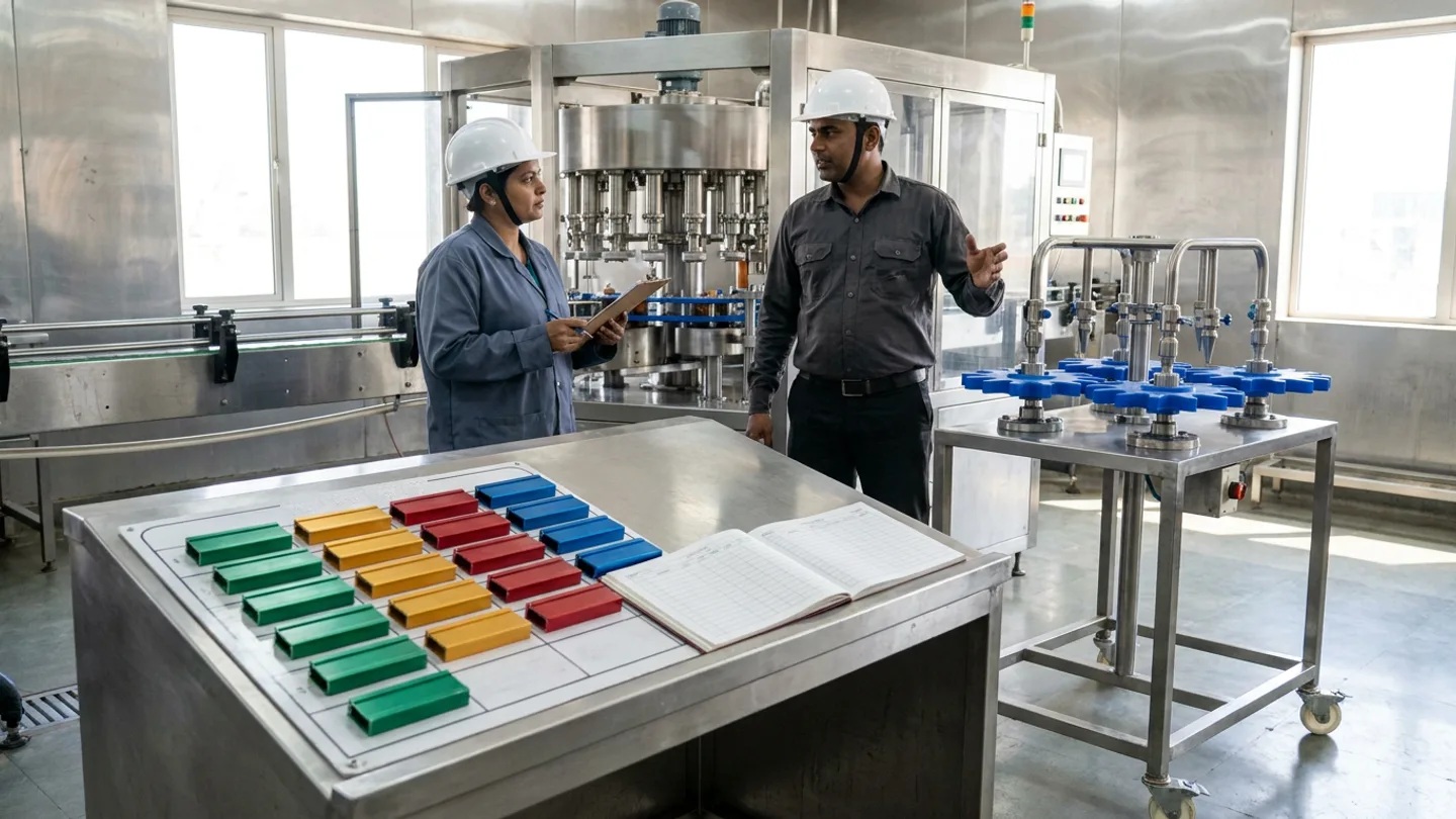 Indian production scheduler in a slate-blue work coat and white hardhat holding a clipboard and a changeover technician in a charcoal shirt and white hardhat standing in front of a stainless-steel rotary bottle filling machine beside a wheeled stainless-steel changeover cart carrying blue HDPE star-wheel guides and overhead sanitary filling nozzles, with an angled stainless desk in the foreground holding a sequence planning board of emerald-green, amber-gold, crimson-red, and cobalt-blue run blocks and an open changeover register