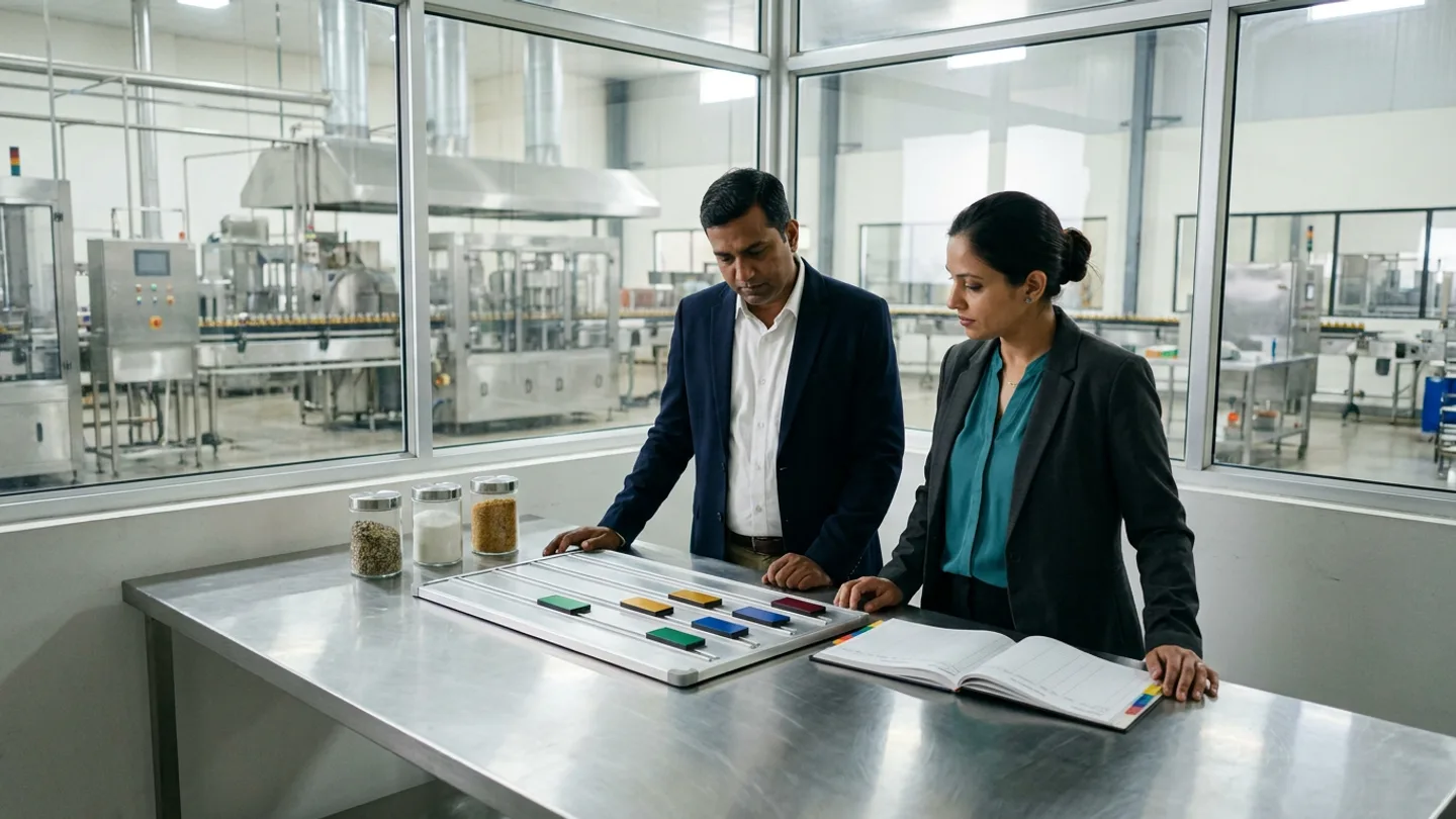 Indian master production planner in a dark navy blazer over a white shirt and a plant operations manager in a charcoal blazer over a teal blouse standing at a brushed stainless-steel table in a glass-walled scheduling room overlooking a stainless-steel cooking and bottling floor, reviewing an unlabelled aluminium capacity schedule board with sliding emerald-green, amber-gold, cobalt-blue, and burgundy magnetic run blocks alongside an open hardbound feasibility register with coloured index tabs and three sealed glass ingredient jars