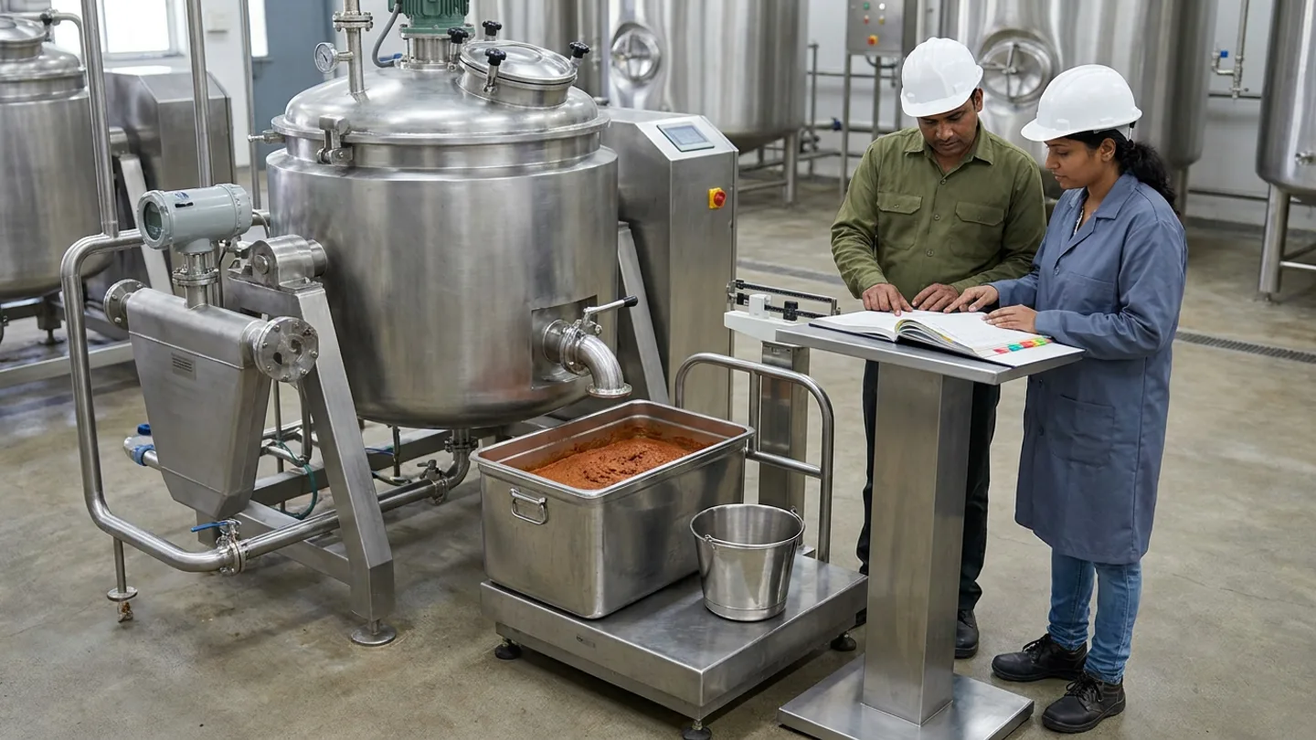 Indian production manager in an olive-green shirt and white hardhat and a process engineer in a slate-blue lab coat and white hardhat reviewing an open mass-balance batch logbook at a stainless-steel podium beside a jacketed stainless-steel industrial cooking kettle with inline Coriolis mass flowmeter piping and sanitary discharge spout over a stainless floor platform scale holding a rectangular stainless tote of rich terracotta food paste and a smaller stainless tare bucket