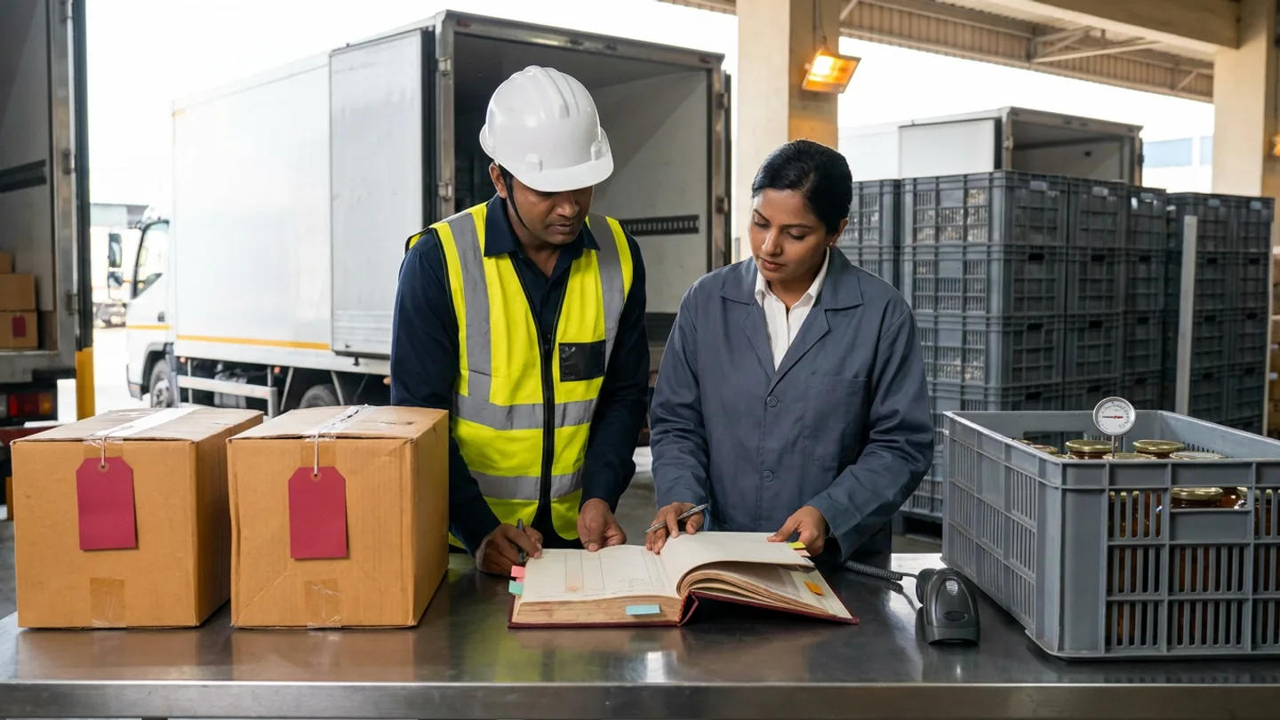 At a wholesale food receiving dock bay with an open white refrigerated delivery truck and stacked grey plastic food crates in the background, an Indian distribution dispatch lead in a dark-navy shirt, yellow high-visibility vest, and white safety helmet and a customer receiving supervisor in a slate-grey work coat over a white shirt stand at a brushed stainless-steel dock verification desk reviewing an open burgundy hardbound delivery acceptance and shortage reconciliation register with coloured index tabs, flanked by two dented brown corrugated cartons carrying blank crimson-red quarantine tags on the left and a corded barcode scanner beside a grey ventilated food crate containing sealed glass jars with a stainless dial temperature probe on the right.