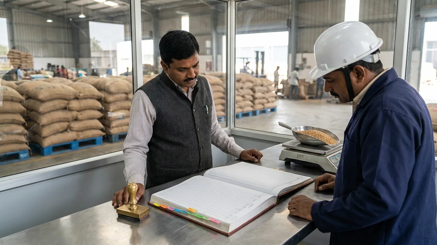 Finance controller in a collared shirt and charcoal vest and receiving supervisor in a navy coat and white hardhat comparing an open three-way matching register beside a brass stamp and grain check-scale overlooking palletized ingredient sacks