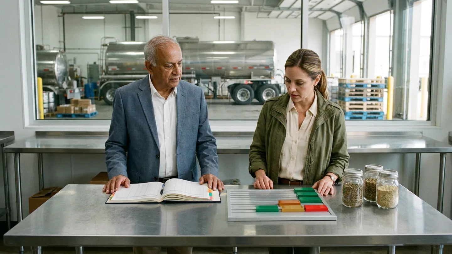 Senior buyer in a slate-blue blazer over a white shirt and an inbound supply coordinator in an olive-green jacket over a cream shirt standing at a brushed stainless-steel table in an inbound scheduling room overlooking a glass-walled receiving bay with a stainless-steel liquid food tanker truck and pallet stacks, reviewing an open hardbound purchase-order commitment register with coloured index tabs beside an unlabelled brushed aluminium dock-window tracking board with sliding emerald-green, amber-gold, and crimson-red status blocks and three sealed glass ingredient sample jars