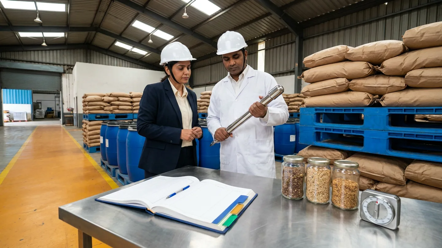 Indian procurement planner in a dark navy blazer over a cream shirt and white hardhat and a receiving quality inspector in a white lab coat and white hardhat holding a stainless-steel grain sampling thief probe beside blue pallets of unbranded kraft-brown ingredient sacks and blue food-grade HDPE drums staged along a painted amber quarantine lane, behind a brushed stainless-steel desk holding an open hardbound purchase-to-release lead-time logbook with cobalt-blue, amber-gold, and emerald-green divider tabs, three sealed glass sample jars of raw grain and pulses, and a stainless mechanical timer
