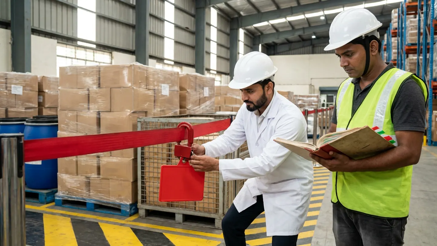 Inside a high-bay food warehouse with yellow-and-black painted quarantine floor stripes, an Indian quality control manager in a white lab coat and white hardhat fastens a heavy crimson lock-clamp and blank red hold placard onto a red retractable barrier strap in front of a wire pallet cage, shrink-wrapped brown cartons, and blue drums while an inventory controller in a lime high-visibility vest and white hardhat cross-checks an open quarantine register with red and green tabs.