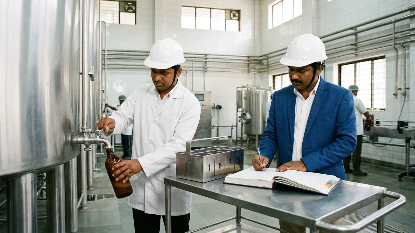 Beside an insulated stainless-steel fermentation tank in a hygienic processing hall, an Indian quality control technician in a white lab coat and white hardhat draws a liquid sample from a sanitary valve into an amber glass bottle next to a compartmentalised stainless sample carrier on a mobile cart while a quality supervisor in a cobalt-blue blazer and white hardhat logs custody details in an open hardbound register with coloured tabs.