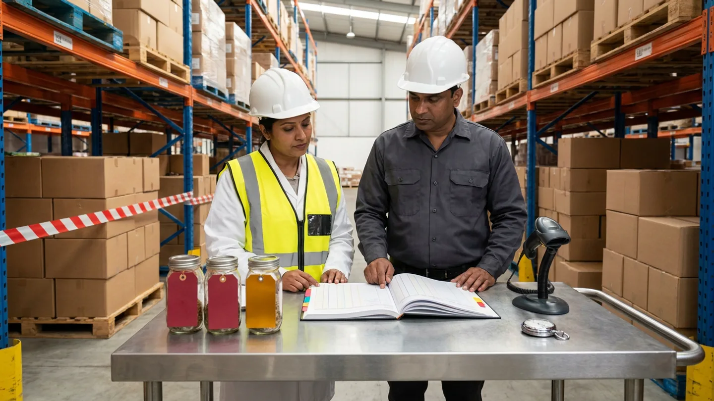 In a high-bay finished-goods warehouse aisle with pallet racking of brown shipping cartons and a lower pallet bay cordoned off with red-and-white barrier tape, an Indian food safety coordinator in a white coat, yellow high-visibility vest, and white hardhat and a warehouse inventory lead in a charcoal shirt and white hardhat stand at a mobile brushed stainless-steel audit desk reviewing an open hardbound mock-recall mass-balance ledger with coloured index tabs flanked by three sealed glass batch retain jars carrying blank crimson-red and amber-gold metal tags on the left and a corded barcode scanner in its cradle and a chrome mechanical stopwatch on the right.