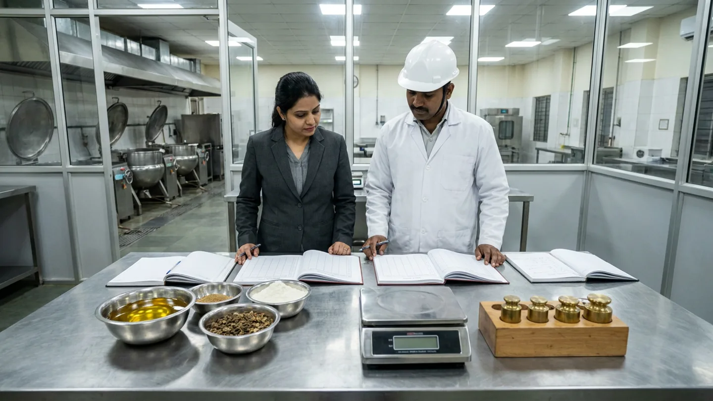 Plant cost analyst in a charcoal blazer and production batch supervisor in a white coat and white hardhat at a stainless formulation bench holding bowls of golden oil, flour, and spices beside a bench scale, brass calibration weights, and open batch-cost registers
