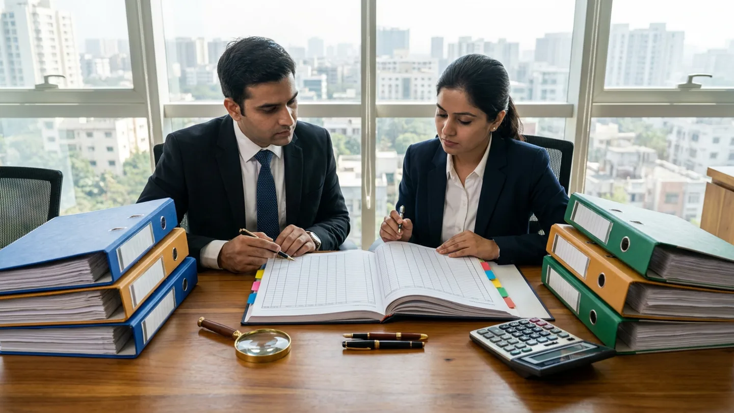 Two commercial finance analysts in tailored suits at a teak desk reconciling an open multi-column settlement register flanked by blue, amber, and green lever-arch binders, a brass magnifying glass, fountain pens, and a desktop calculator