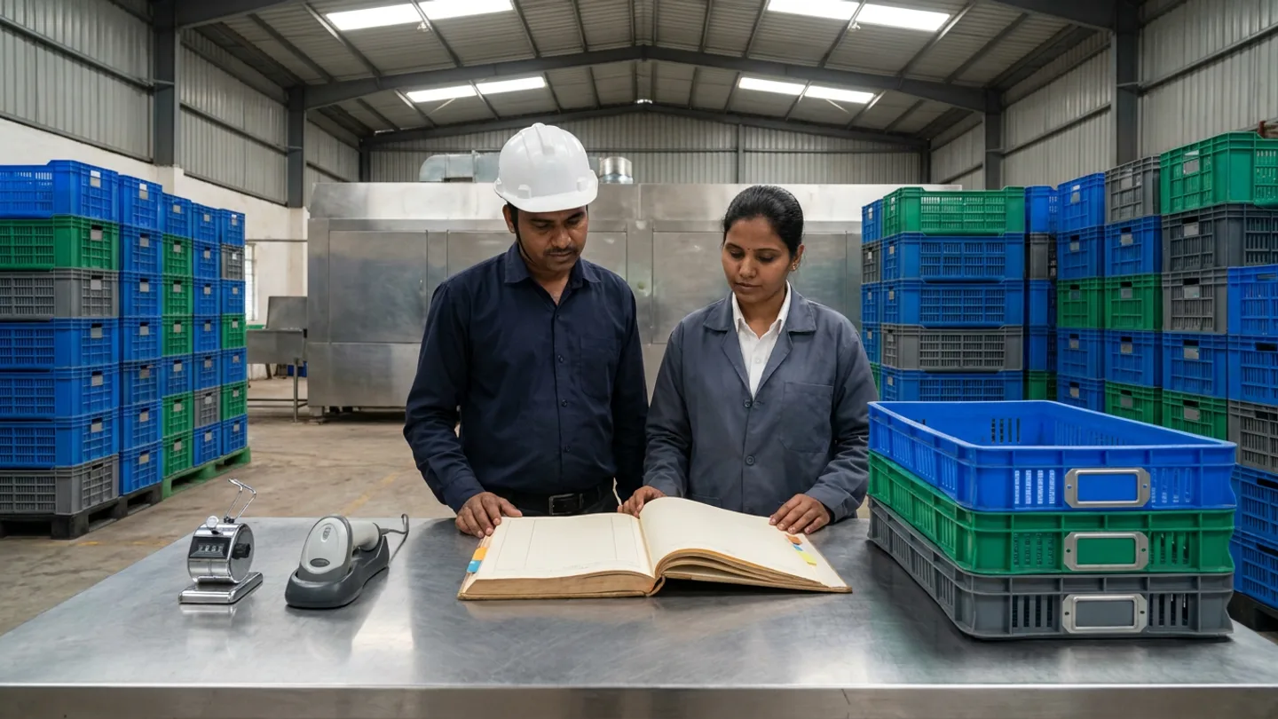 In a returnable-packaging reconciliation bay where tall pallet stacks of blue, green, and grey ventilated plastic food crates stand beside a stainless-steel crate tunnel washer in the background, an Indian returnable-asset controller in a dark-navy work shirt and white safety helmet and a depot logistics coordinator in a slate-grey work jacket over a white shirt stand at a brushed stainless-steel reconciliation desk reviewing an open tan cloth-bound returnable-crate balance register with coloured index tabs, flanked by a chrome mechanical hand tally clicker and a corded barcode scanner in its cradle on the left and three nested ventilated plastic food trays in blue, green, and grey fitted with blank metal tag frames on the right.