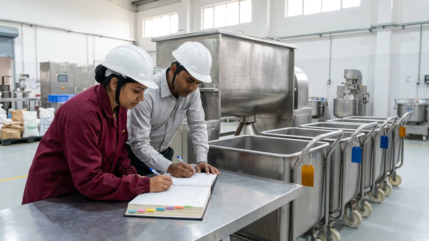 Indian quality assurance supervisor in a burgundy work jacket and white hardhat and a blending operator in a light-grey shirt and white hardhat recording parent-to-child batch entries in an open hardbound traceability register with coloured index tabs on a brushed stainless-steel table beside four wheeled stainless-steel ingredient buggies carrying blank amber and cobalt-blue metal batch tags in front of a large stainless-steel horizontal ribbon blender