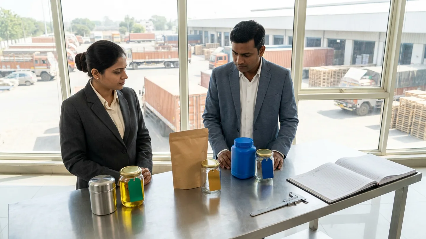 In a bright sourcing room overlooking a freight receiving yard with cargo trucks and pallet stacks, an Indian procurement category lead in a charcoal blazer over a cream shirt and a technical specification specialist in a slate-blue blazer over a white shirt stand at a brushed stainless-steel table comparing three supplier packaging and ingredient sets—a polished stainless canister beside a glass jar of golden oil with an emerald-green tag, a stand-up kraft pouch beside a glass jar with an amber-gold tag, and a blue HDPE jar beside a glass jar with a cobalt-blue tag—next to a stainless vernier caliper and an open hardbound RFQ comparison register.