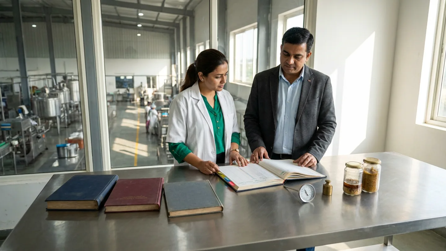 In a sunlit glass-walled quality assurance room overlooking a stainless-steel food processing hall, an Indian food safety manager in a white coat over an emerald-green blouse and an external certification auditor in a charcoal blazer over a light-blue shirt stand at a brushed stainless-steel table reviewing an open hardbound food-safety evidence register with coloured index tabs, flanked by three closed cloth-bound evidence volumes in navy, burgundy, and slate grey on the left and a stainless dial probe thermometer, a brass calibration weight, and two sealed glass retain jars on the right.