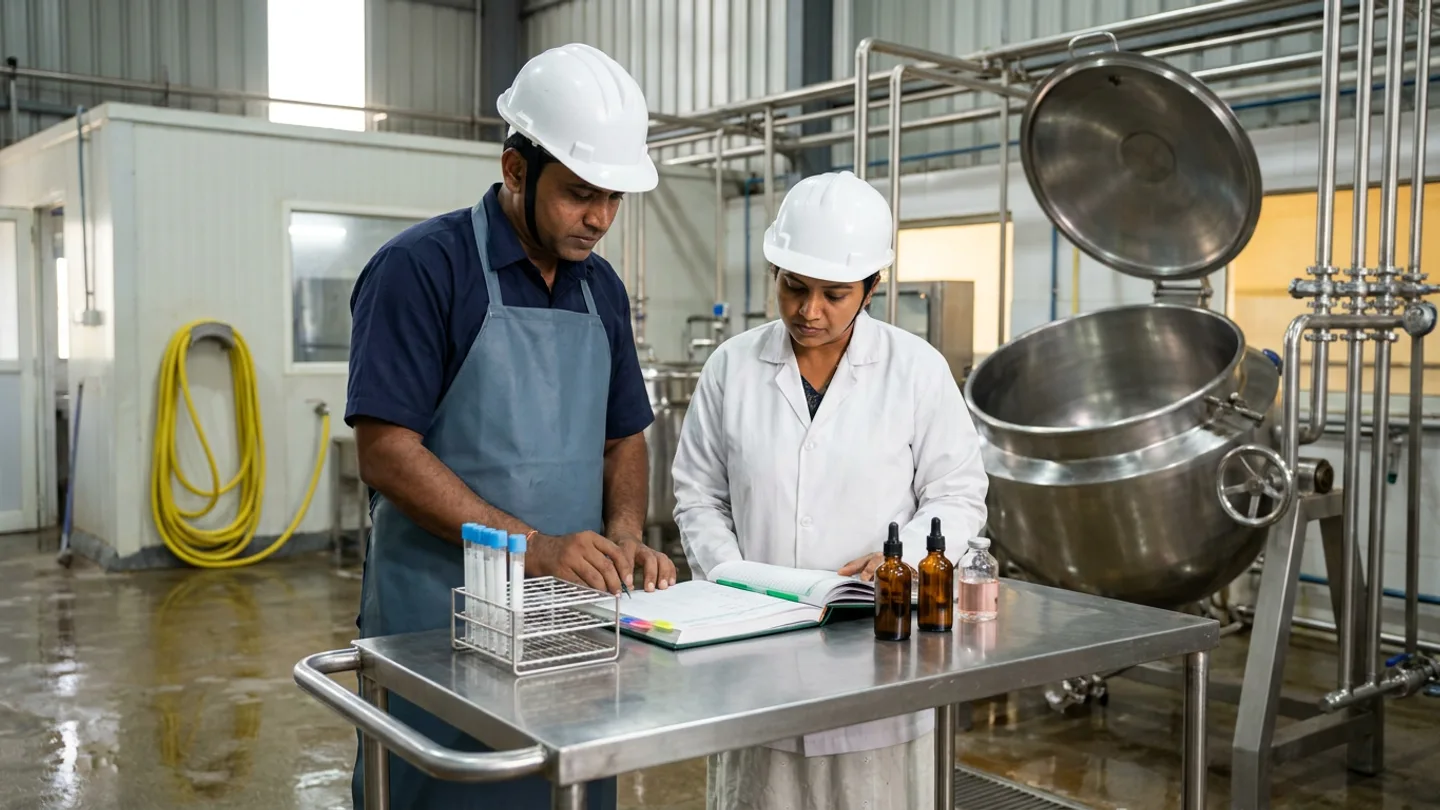 Beside a gleaming open stainless-steel mixing kettle and polished sanitary piping in a freshly washed food processing hall with damp epoxy flooring and a coiled yellow washdown hose on the wall behind them, an Indian sanitation supervisor in a dark-navy work shirt under a slate-blue waterproof apron and a white safety helmet and a hygiene verification technician in a white coat and white safety helmet stand at a mobile brushed stainless-steel hygiene cart reviewing an open dark-green hardbound sanitation verification register with coloured index tabs, flanked by a wire rack of blue-capped sterile surface swab tubes on the left and two amber glass dropper bottles beside a clear glass test vial of pale-pink solution on the right.