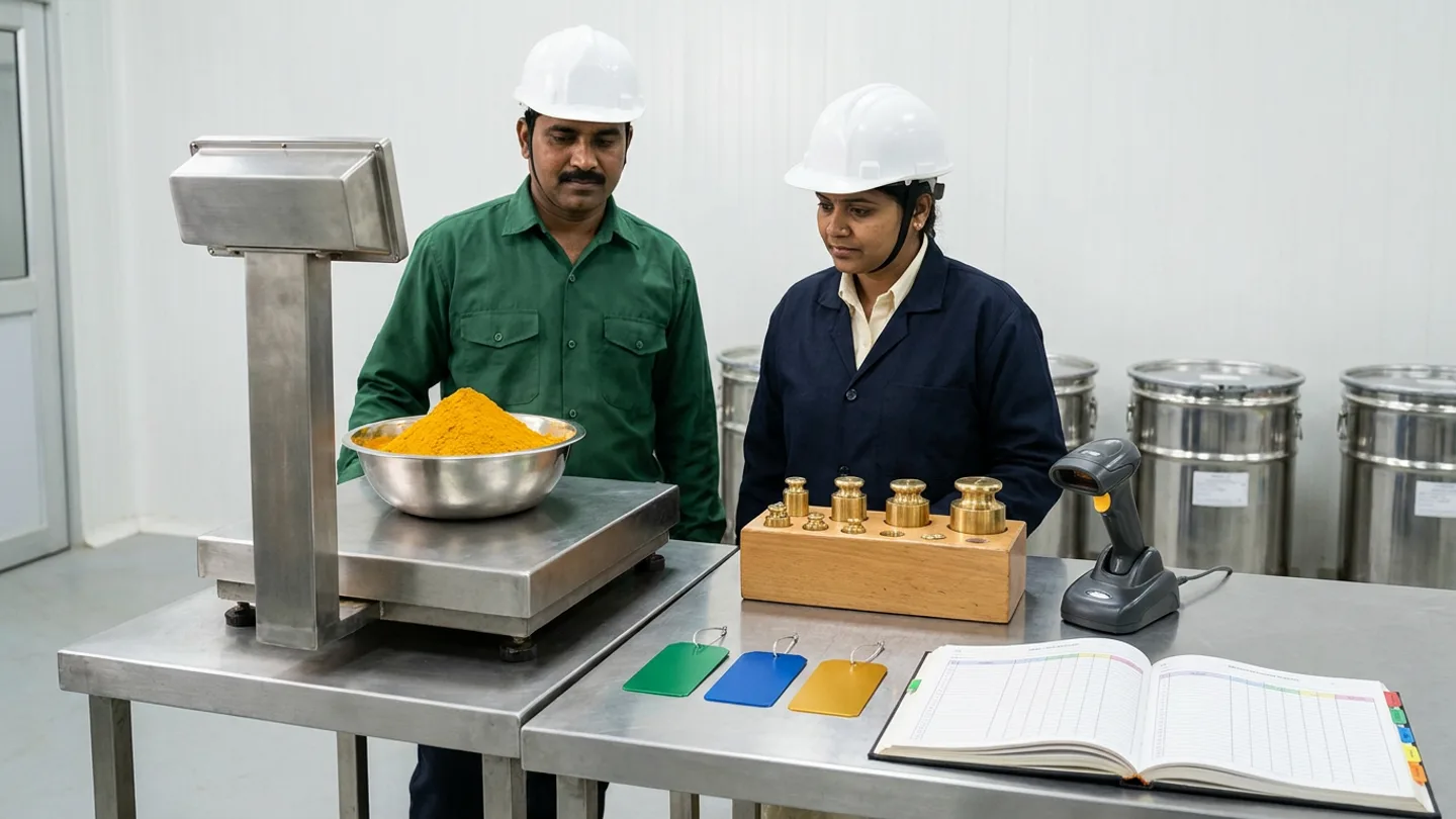 Indian weighing operator in a forest-green utility shirt and white hardhat and a material control supervisor in a dark navy jacket over a cream shirt and white hardhat standing at a stainless-steel ingredient dispensing station in front of sealed stainless-steel storage drums beside a stainless platform bench scale holding a stainless bowl of golden turmeric spice powder, alongside a wooden block of polished brass calibration weights, a corded barcode scanner in its cradle, three blank emerald-green, cobalt-blue, and amber-gold anodized batch lot tags, and an open hardbound material movement register with coloured index tabs