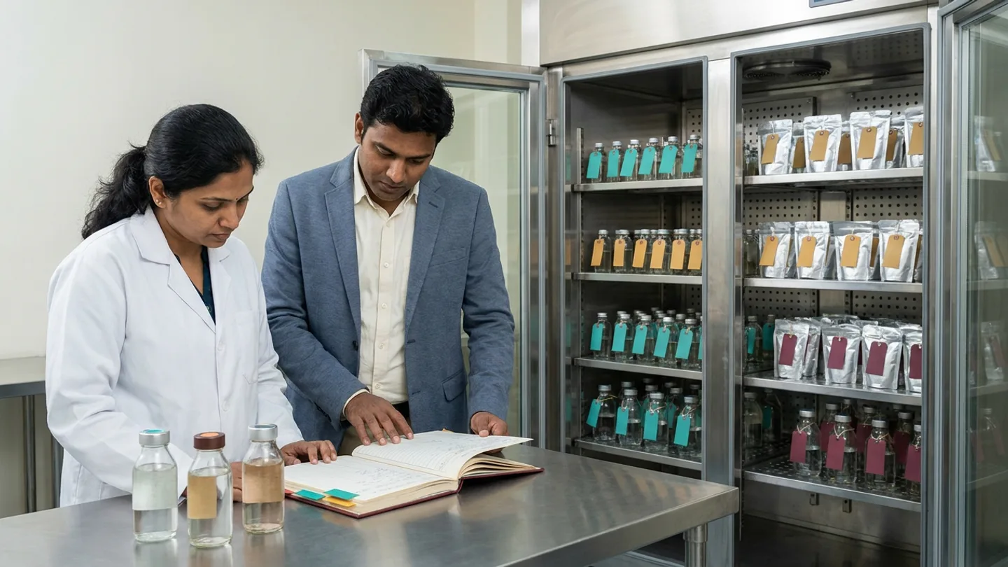 Indian food stability scientist in a white lab coat and a product development manager in a slate-blue blazer over a cream shirt reviewing an open hardbound stability cohort ledger with teal and amber tabs at a stainless inspection table holding three glass sample bottles alongside an open stainless-steel environmental stability cabinet filled with chronological shelves of glass bottles and silver foil pouches bearing teal, amber, and burgundy formulation revision tags