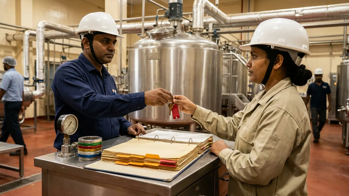 An outgoing Indian shift lead in a dark navy work shirt and white hardhat handing a brass master key and red anodised hold tag across a stainless-steel floor desk to an incoming shift supervisor in a light-khaki utility jacket and white hardhat beside a stainless-steel batch pasteuriser tank, with an open ring binder marked by amber and crimson tabs, a pressure gauge, and stacked colour-coded valve rings on the desk.