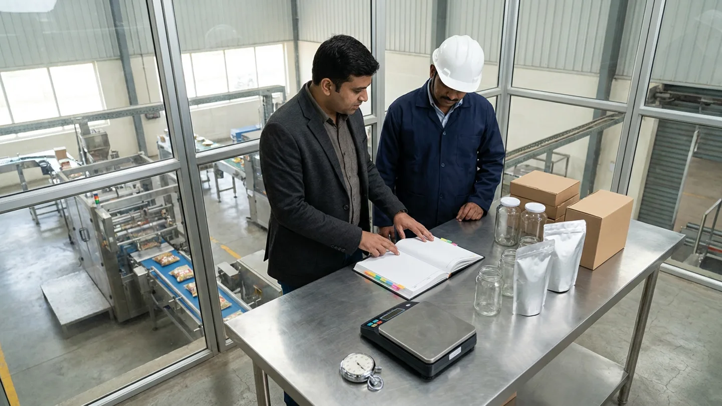Plant cost controller in a charcoal blazer and production manager in a navy coat and white hardhat in an elevated glass gallery overlooking a packaging line, reviewing an open SKU cost register beside glass jars, silver pouches, kraft cartons, bench scale, and stopwatch