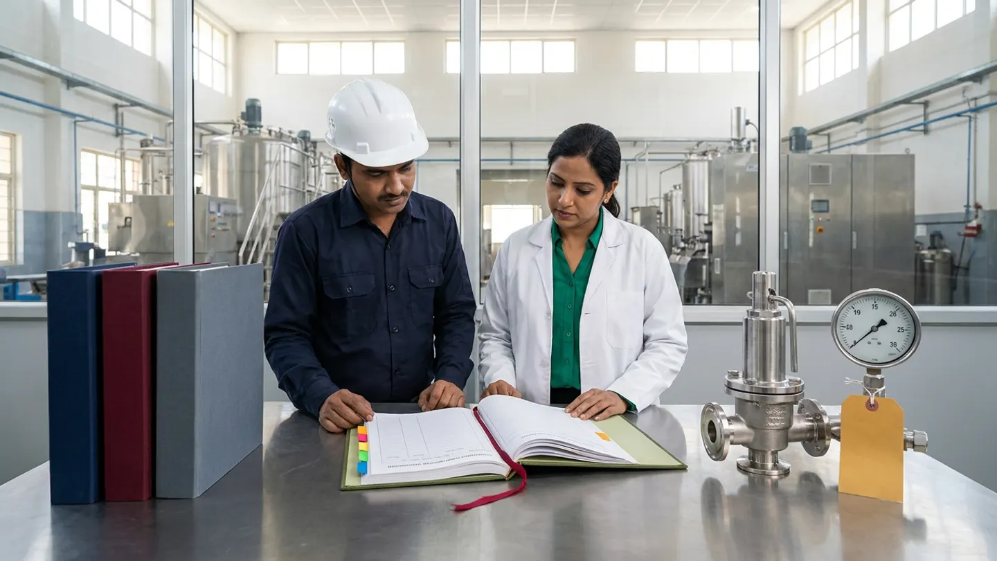Indian shift process operator in a dark-navy work shirt and white safety helmet and quality assurance engineer in a white coat over an emerald-green blouse examining an open olive-green cloth-bound standard operating procedure register with coloured index tabs and a crimson ribbon marker beside three upright reference binders and a dismantled stainless sanitary valve assembly with a dial gauge and amber escalation tag.