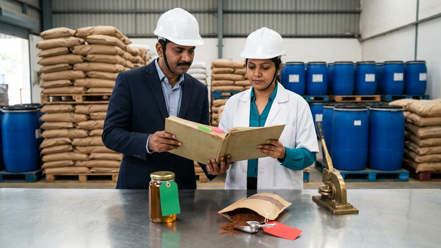 At a brushed stainless-steel goods-inward compliance verification bench inside an ingredient receiving bay with palletised brown kraft sacks and blue HDPE drums in the background, an Indian supplier quality specialist in a dark-navy blazer over a light-blue shirt and white safety helmet and an incoming inspection officer in a white coat over a teal blouse and white safety helmet hold and compare an open tan cloth-bound supplier certificate scope register with coloured index tabs above a sealed glass jar of golden liquid lecithin oil carrying a blank emerald-green tag on the left, an open kraft sample pouch of dark cocoa powder with a stainless scoop and a blank crimson-red tag in the centre, and a brass embossing seal press on the right.