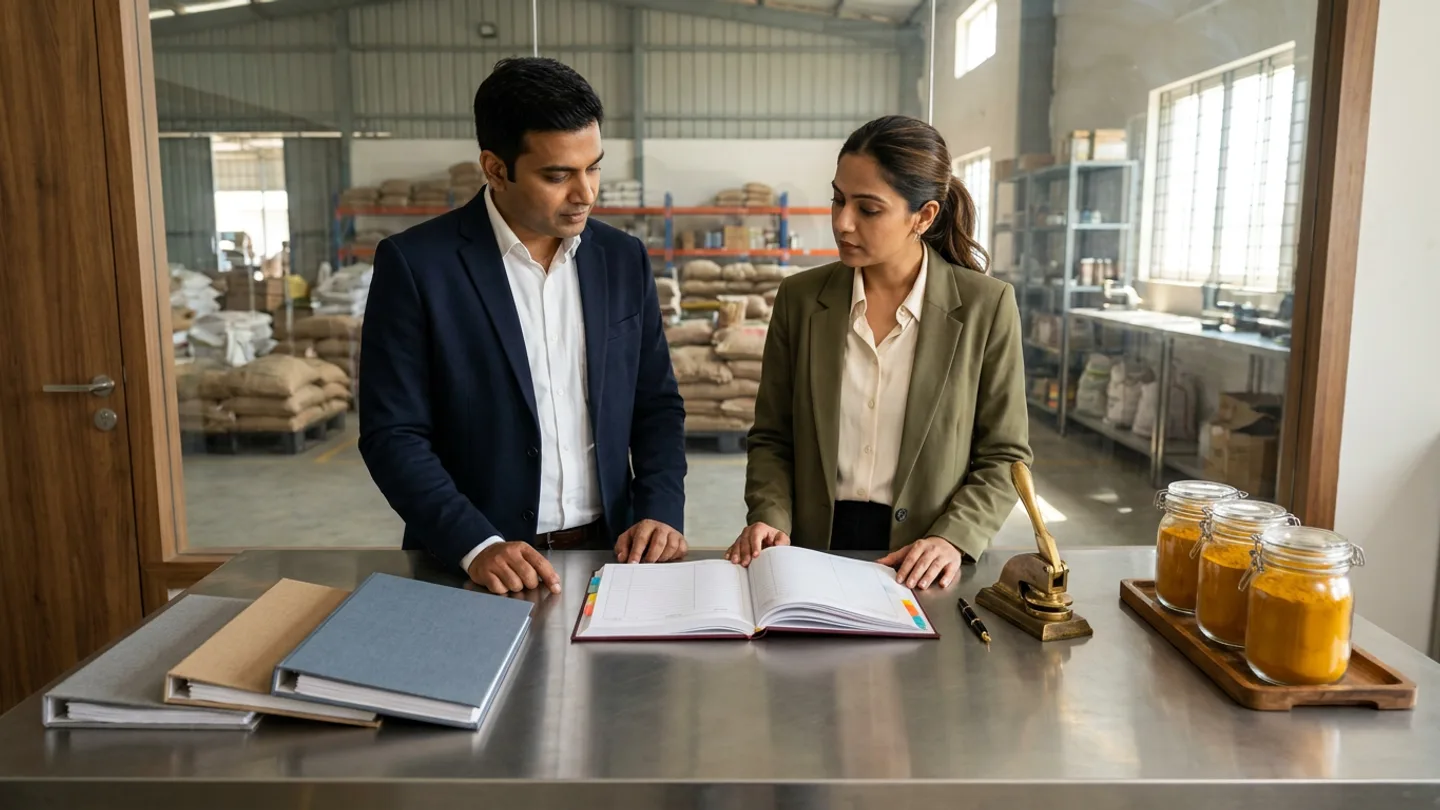 In a glass-walled vendor master-data governance room overlooking an ingredient warehouse stacked with brown sacks on pallets, an Indian master-data governance lead in a dark navy blazer over a white shirt and a procurement compliance officer in an olive-green blazer over a cream blouse stand at a brushed stainless-steel table reviewing an open burgundy hardbound supplier master register with coloured index tabs flanked by three stacked cloth-bound vendor files in grey, tan, and slate blue on the left and a brass embossing seal press, fountain pen, and wooden tray of three sealed glass jars of golden turmeric spice on the right.
