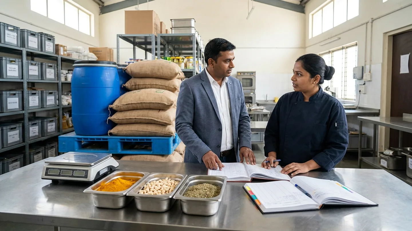At a brushed stainless-steel portioning table in a central commissary dry-store room with grey storage totes on metal racks, an Indian purchasing manager in a slate-grey blazer over a white shirt and a commissary prep lead in a dark-navy culinary jacket review two open hardbound consumption and order-sizing registers with coloured index tabs, with three small portioned stainless-steel gastronorm pans of saffron-gold spice, whole cashews, and dried herbs beside an unlit bench scale in the foreground contrasted against a bulk blue pallet holding stacked burlap ingredient sacks and a large blue HDPE drum directly behind them.
