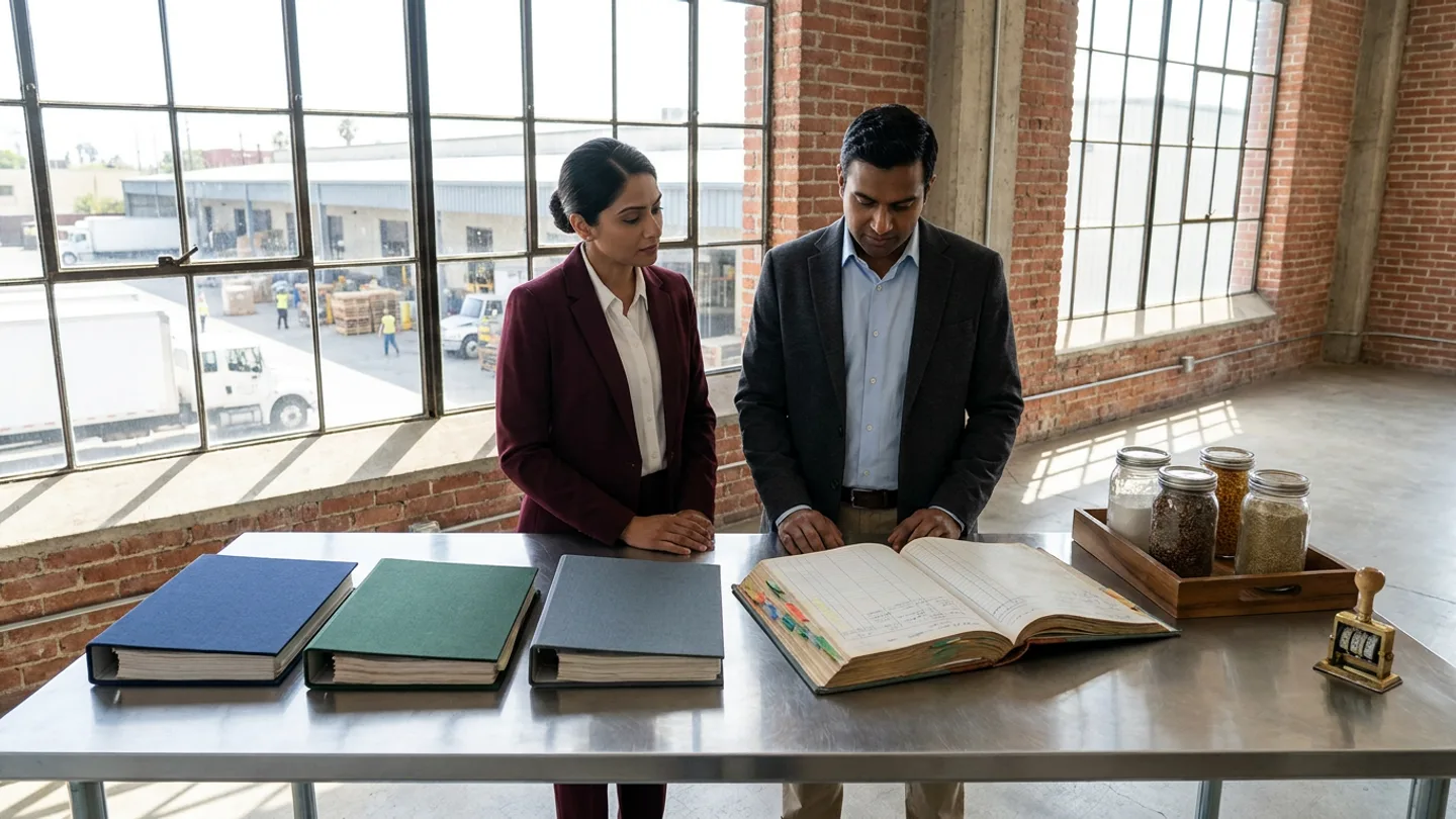 Indian vendor governance manager in a burgundy blazer over a white shirt and a strategic sourcing lead in a charcoal blazer over a light-blue shirt standing at a brushed stainless-steel evaluation table in a brick-and-glass review room overlooking an active warehouse receiving yard, reviewing three closed hardbound supplier dossier binders in navy, forest green, and slate grey alongside an open vendor delivery performance ledger with coloured index tabs, a wooden tray of four sealed glass reference jars, and a brass mechanical date stamp