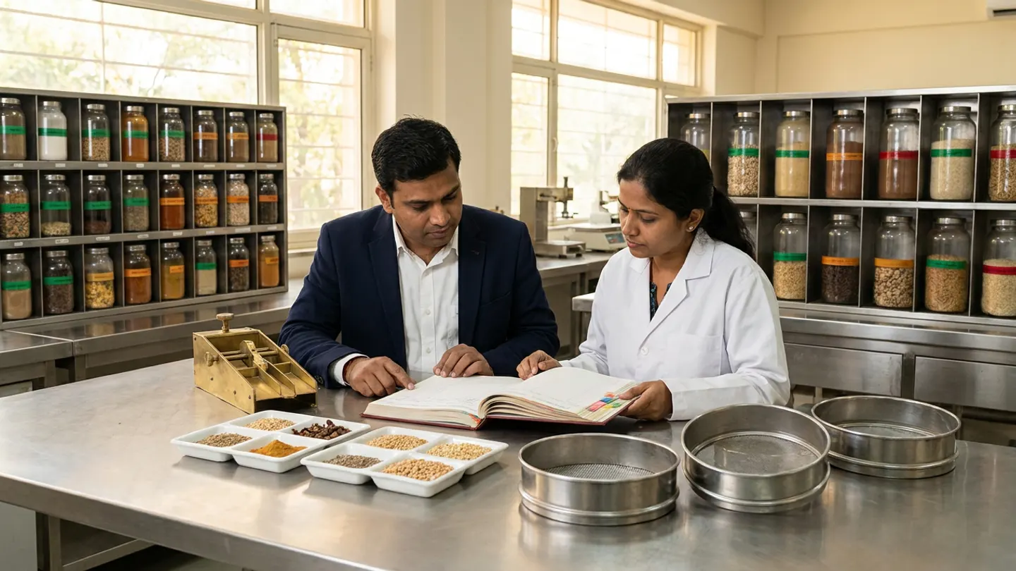 An Indian head of supplier quality in a dark navy blazer over a white shirt and an incoming inspection lead in a white lab coat reviewing an open large-format hardbound supplier quality ledger at a stainless-steel evaluation bench alongside a brass mechanical sample splitter, two white porcelain compartmentalised comparison trays holding graded grains, pulses, and spices, and three stainless test sieves, backed by steel shelves filled with clear glass supplier retain jars marked with green, amber, and red bands.