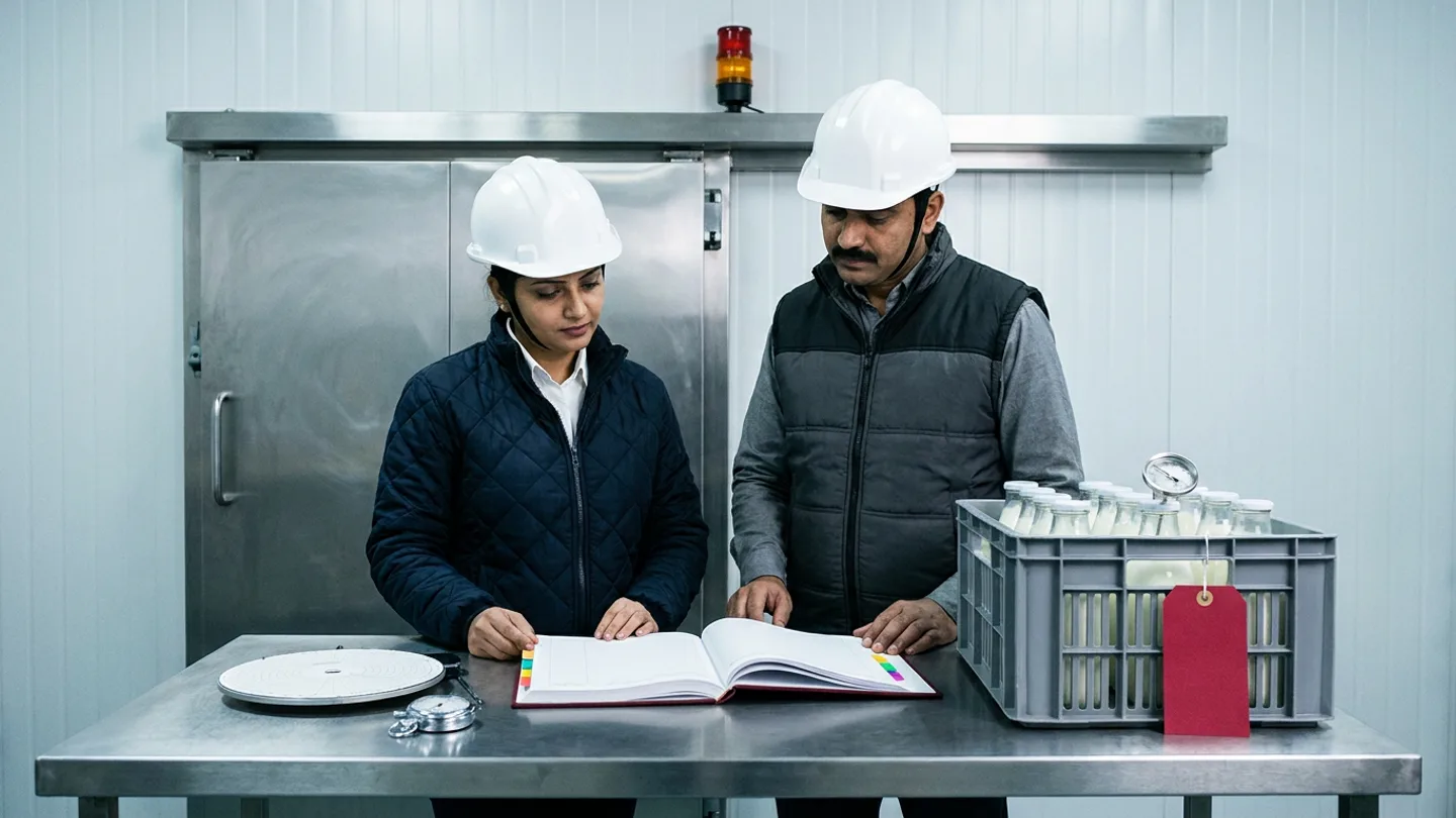 In a chilled cold-chain dispatch anteroom right beside a heavy stainless-steel sliding cold-room door with a red-and-amber beacon light tower mounted above the frame, an Indian cold-chain quality lead in a dark-navy quilted thermal jacket over a white shirt and white safety helmet and a cold-store shift supervisor in a charcoal thermal vest over a grey shirt and white safety helmet stand at a brushed stainless-steel escalation desk reviewing an open burgundy hardbound excursion response register with coloured index tabs, flanked by a circular mechanical temperature chart-recorder disc and a chrome mechanical stopwatch on the left and a grey ventilated food crate holding glass milk bottles with a stainless dial temperature probe and a blank crimson-red quarantine tag on the right.
