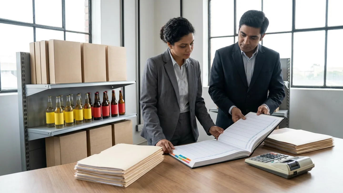 Commercial finance controller and trade marketing manager in tailored suits reviewing an open rebate-accrual ledger beside manila claim folders, a printing calculator, and a retail display shelf holding kraft cartons and glass beverage bottles with yellow and red wraps