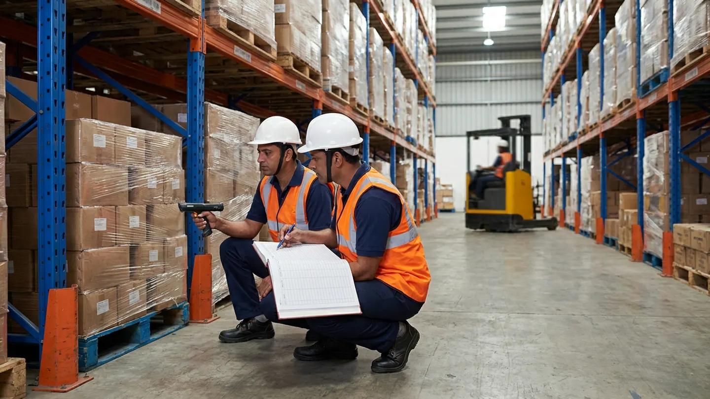 Two warehouse inventory auditors in high-visibility vests and white hardhats crouching beside lower pallet bays in an active Indian food distribution aisle scanning shrink-wrapped cartons and recording counts in an open cycle-count register