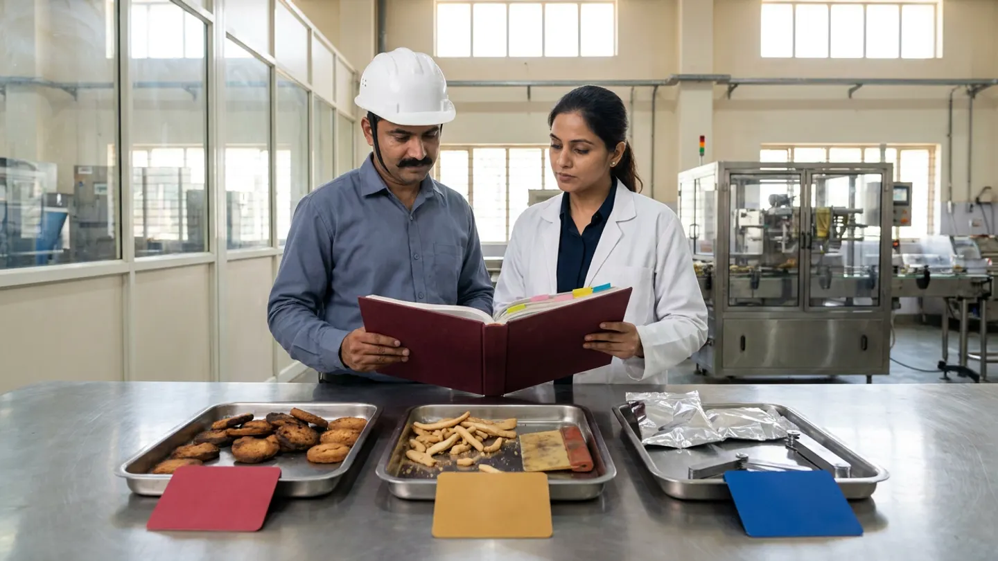 Indian production engineering lead in a slate-blue shirt and white safety helmet and quality reliability engineer in a white coat over a dark-navy blouse reviewing an open burgundy hardbound waste root-cause register with coloured index tabs at a stainless bench beside three stainless sample trays holding over-baked biscuits with a crimson tag, dough trimmings and a worn scraper blade with an amber tag, and crumpled foil pouches with a feeler gauge, sealing bar, and blue tag.