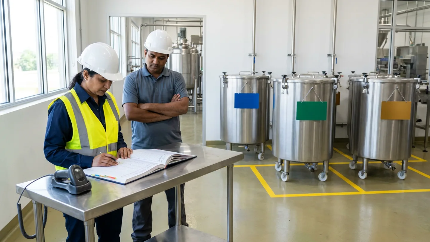 Indian production staging supervisor in a navy shirt, yellow high-visibility vest, and white hardhat and a line material handler in a slate-grey polo shirt and white hardhat reviewing an open hardbound work-in-progress transfer register beside a corded barcode scanner at a stainless-steel staging table, with three wheeled cylindrical stainless-steel holding vats carrying blank cobalt-blue, emerald-green, and amber-gold stage placards parked inside painted yellow floor staging lanes