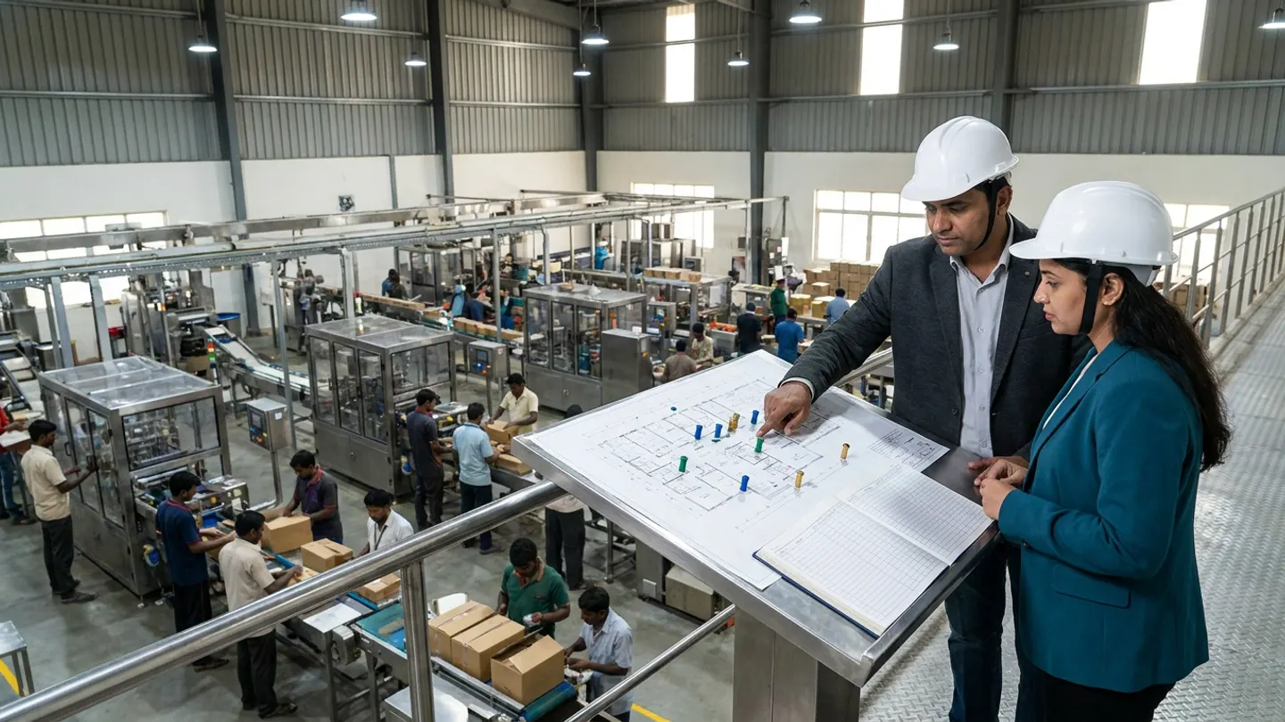 An Indian plant operations director in a charcoal blazer and white hardhat and a workforce planning specialist in a teal blazer and white hardhat standing on an elevated mezzanine walkway overlooking a multi-line food packaging hall, reviewing an architectural floor-plan schematic with blue, green, and brass station-capacity pins alongside an open ruled ledger on a stainless-steel lectern.