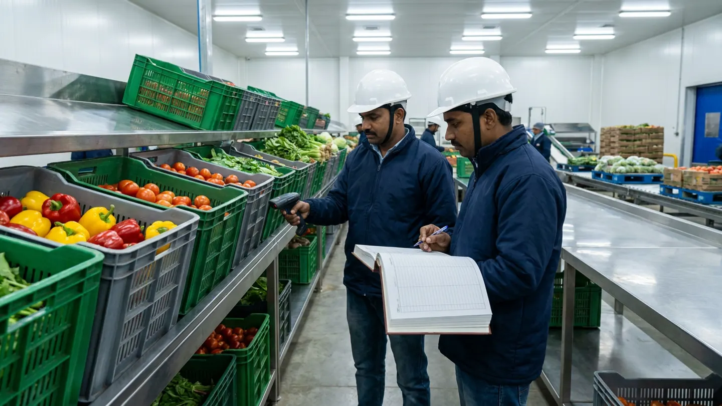 Two packhouse operations coordinators in navy jackets and white hardhats in a chilled Indian fresh-produce grading bay scanning ventilated crates of bell peppers, tomatoes, and leafy greens while checking an open hardbound grading register