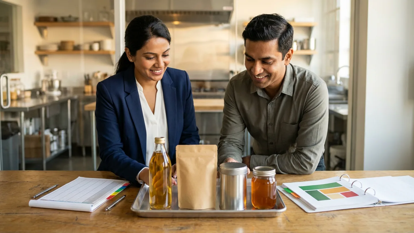 Indian female food-operations director in a navy blazer and male supply-chain lead in an olive-grey shirt standing at an oak planning table before an interior window overlooking a stainless pilot kitchen, reviewing unlabelled reference food containers on a stainless tray alongside an open hardbound batch-yield register and a ring binder of category-complexity matrices.