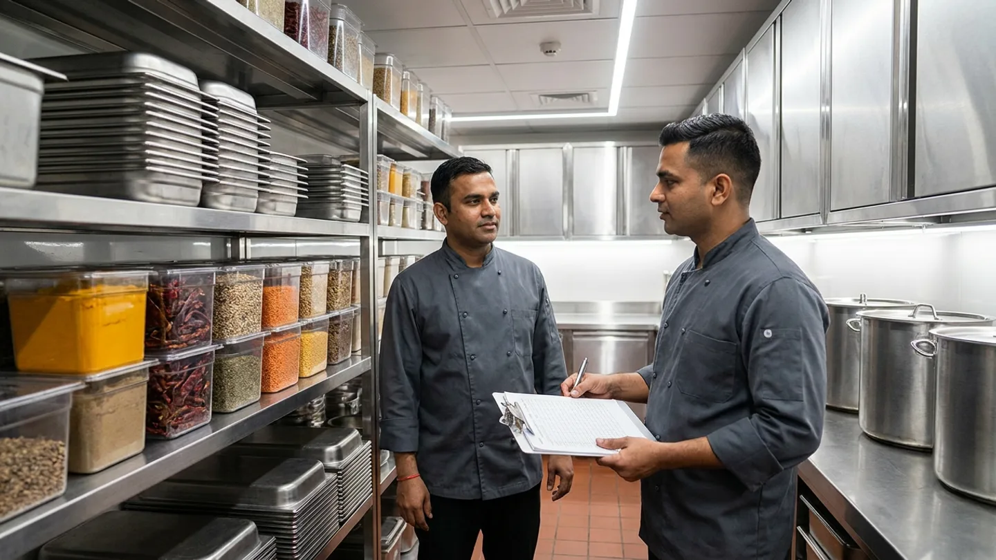 Two culinary stewards in charcoal-grey chef jackets conducting a shelf-to-sheet inventory count with a brushed aluminum clipboard beside multi-tier stainless shelving holding stacked Gastronorm pans, clear spice and pulse containers, and stainless stockpots