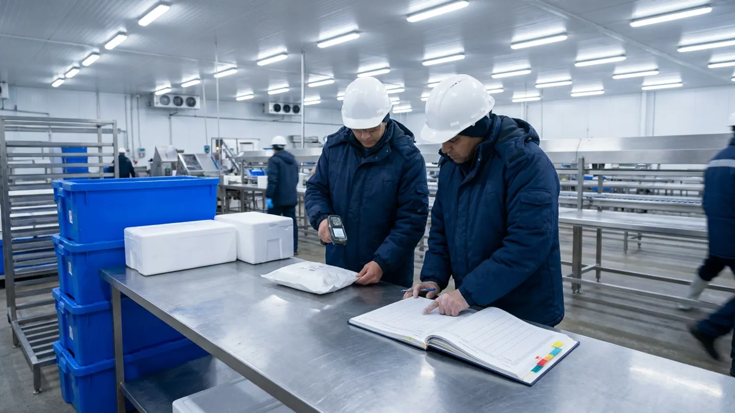 Two quality supervisors in navy insulated jackets and white hardhats on a chilled seafood and protein processing floor in India scanning a sealed chilled pack on a stainless-steel bench beside blue insulated tubs and an open lot-traceability register