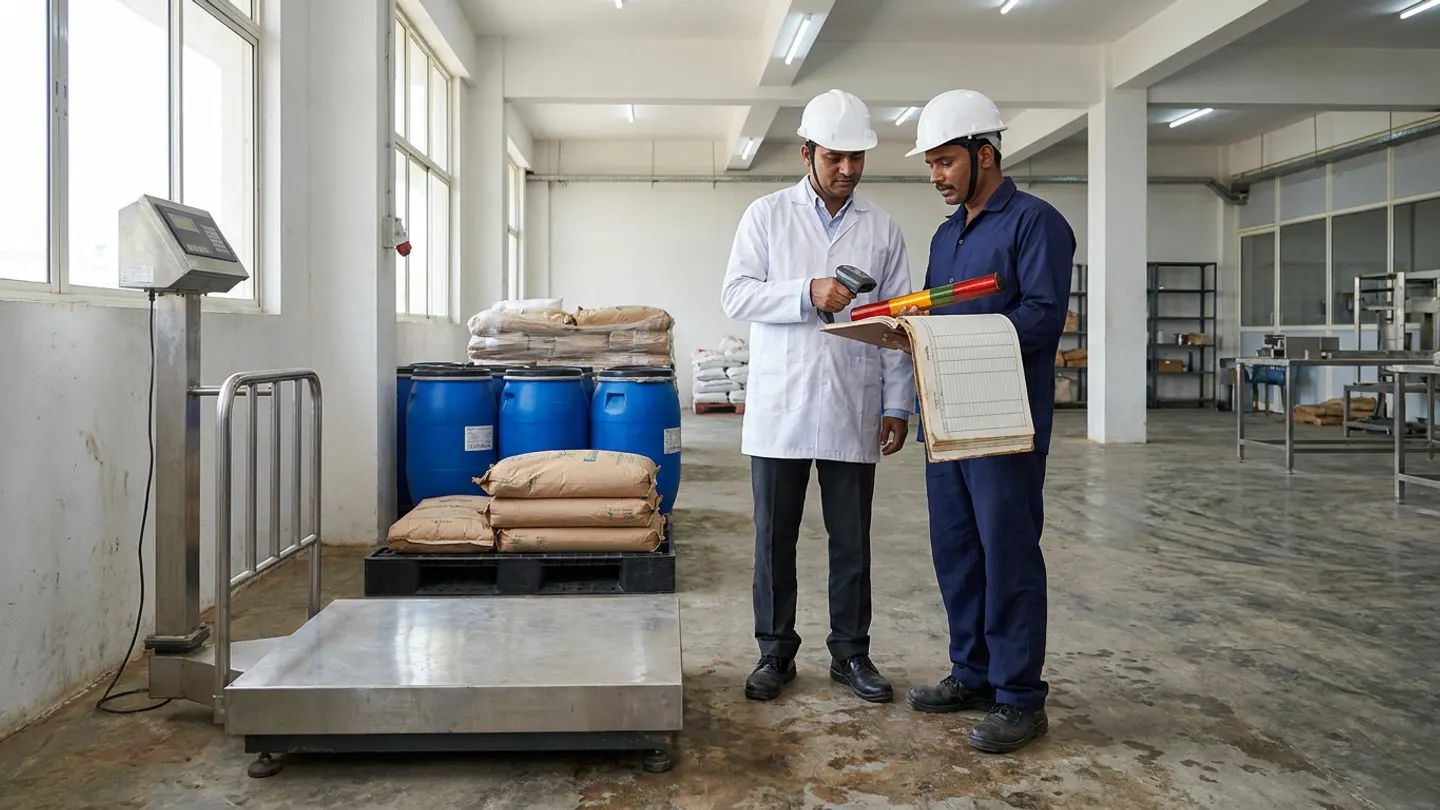 A production supervisor in a white coat and hardhat and an inventory controller in navy workwear standing beside a stainless-steel floor scale, blue plastic ingredient drums, and brown kraft sacks in an Indian food plant, reconciling a scanner and open ledger