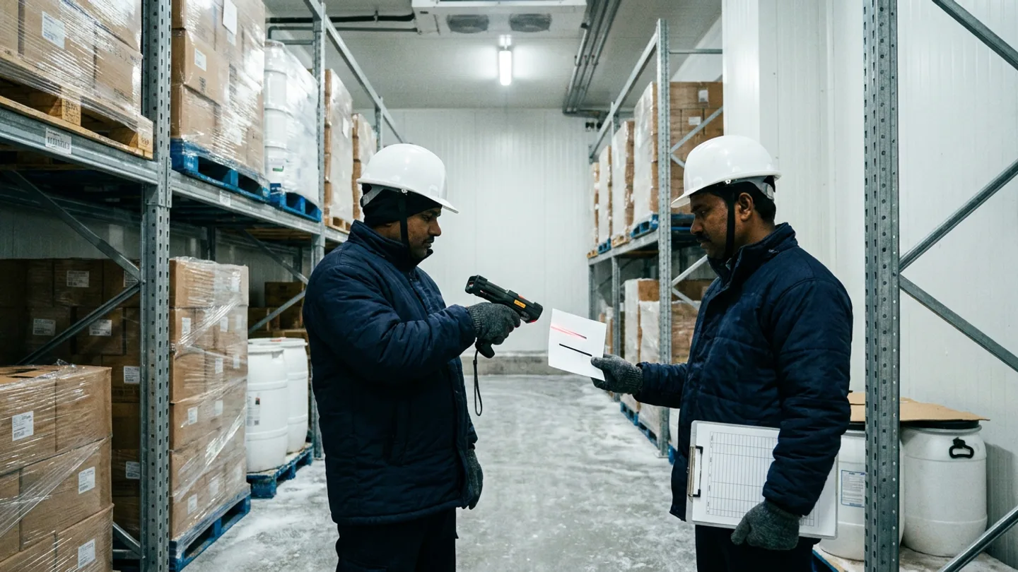Two warehouse operators in insulated navy thermal jackets, gloves, and white hardhats inside a chilled cold-storage aisle scanning a barcode card with a rugged pistol-grip laser scanner beside shrink-wrapped carton pallets and white food-grade drums